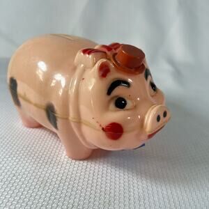 Westland Plastic 1950's Pink Pig Piggy Bank w/ Tip Hat Cap 7”